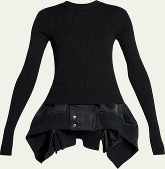 sacai Mixed-Media Nylon Twill Peplum Sweater