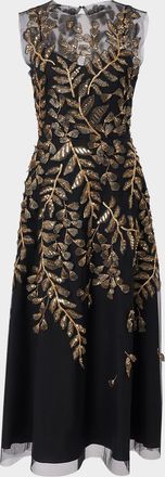 Carolina Herrera Gold Leaf-Embroidered Tulle Sleeveless Midi Dress
