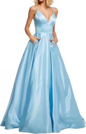 Sherri Hill Deep V-Neckline Beaded Bow Prom Dress In Light Blue
