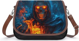 Generic Hooded Skeleton Holding Fire Crossbody Bag Womens Handbag PU Message Bags Shoulder Purse with Adjustable Strap