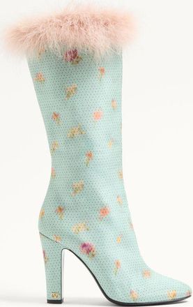 Valentino Garavani Stivale Hotty In Tessuto Chin&egrave; Fiori & Pois Con Piume 100Mm Donna CELESTE 40