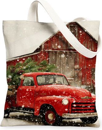 Generic Winter Rustic Tote Bags, Vintage Truck Pine Tree Pattern Reusable Grocery Bags, Lightweight Washable Shoulder Strap for Out, Red, 13x15 Inch