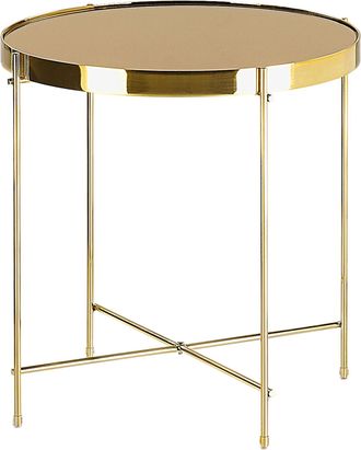 Beliani Beliani - Mesa Auxiliar Con Tapa De Vidrio Templado Marr&oacute;n Dorado Y Patas De Metal Dorado Redonda Estilo Glamour Lucea