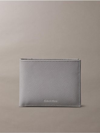 Calvin Klein Mens Saffiano Leather Card Case Bifold Wallet - Grey