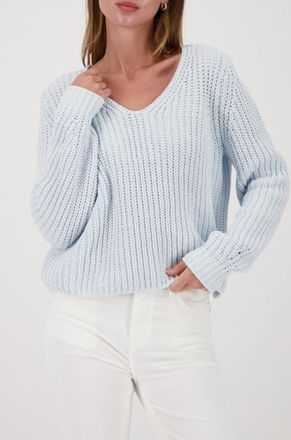 Monari Strickpullover MONARI Pullover Chenille V, Damen, Gr. 34, ice blau, Strick, Obermaterial: 100% Polyester, unifarben, regular fit taillenbedeckt, V-Aus