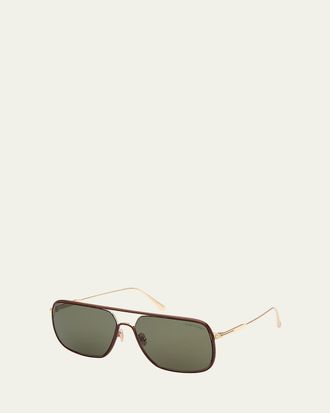 Tom Ford Mens Cliff Metal & Leather Aviator Sunglasses
