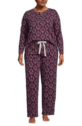 Lands End Petite Knit 2 Piece Pajama Set - Long Sleeve Top and Pants in Lush Burgundy Floral Wreath at Nordstrom, Size 1X