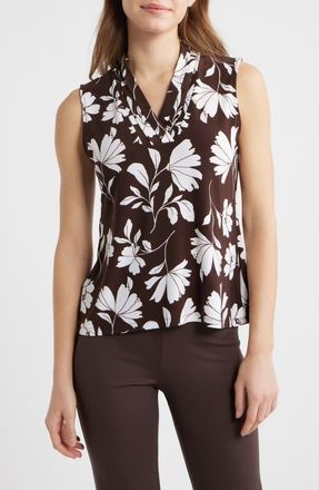 Anne Klein Floral Triple Pleat V-neck Top in Dark Chocolate at Nordstrom, Size Xx-Small