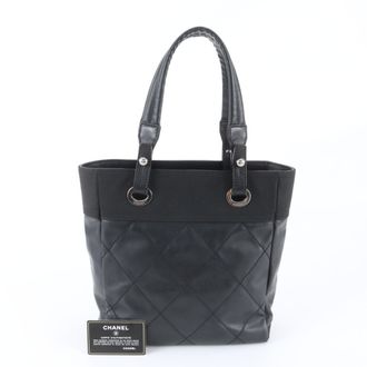 Chanel Black Leather Canvas Shoulder Bag Tote Bag (Pre-Owned)