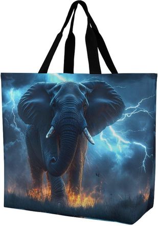 Generic African Elephant Braving Thunders Reusable Shopping Bags One Shoulder Grocery Tote Bag Waterproof Big Purse for Work Travel