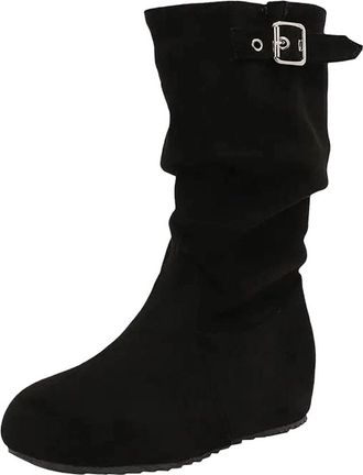 Generic Womens Leisure Mid Calf Boots Round Toe Hidden Wedge Heel Slip On Design With Pleated Detail And Buckle Accent