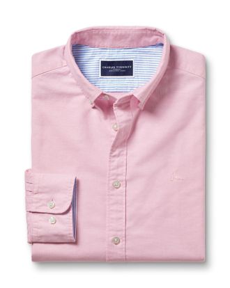 CHARLES TYRWHITT Button-Down Collar Washed Oxford Plain Cotton Shirt - Pink Size XXL by Charles Tyrwhitt