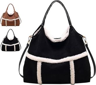 Generic Vintage Large Capacity, Women Suede Tote With Faux Lamb Lined Capacity Plush Shoulder Bag Crossbody Handbag for Work Travel Purse (Black)