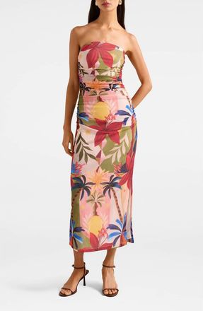 Ever New Alex Strapless Ruched Mesh Maxi Dress in Havana Holiday at Nordstrom, Size 14