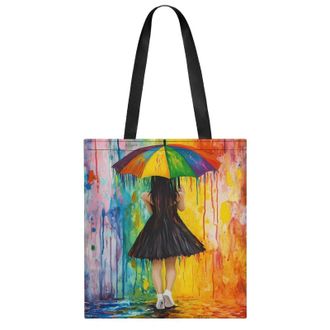 Generic Black Dress Woman Holding Umbrella Colorful Womens Tote Casual Shopping Bag Lightweight Shoulder Bags Hobos Handbag for Work Travel Daily 35x40cm