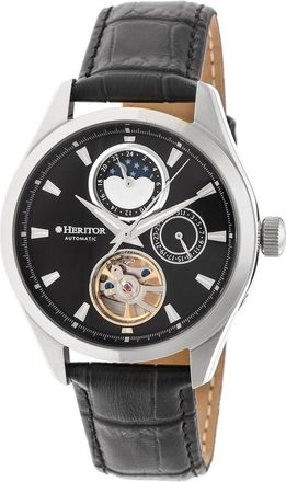 Heritor Sebastian Black Moonphase Dial Black Leather Strap Automatic Mens Watch HR6902