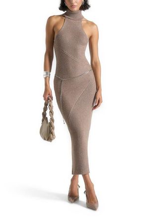 Mani&egrave;re De Voir Belina Halter Neck Knitted Maxi Dress With Chain in Taupe at Nordstrom, Size Large
