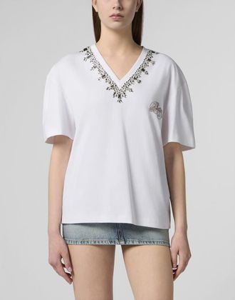 Philipp Plein Man Fit V-Neck T-Shirt Crystals Women in White at Nordstrom, Size X-Small
