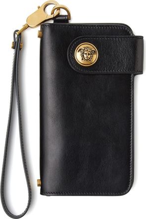 Versace Embl&egrave;me Long Leather Wallet in Black-Gold 82 at Nordstrom