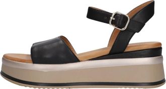 Inuovo Zwarte Leren Sandalen met Gouden Gesp - Dames - Sleehakken - Zwart - 42 EU - Leer - Schoenen