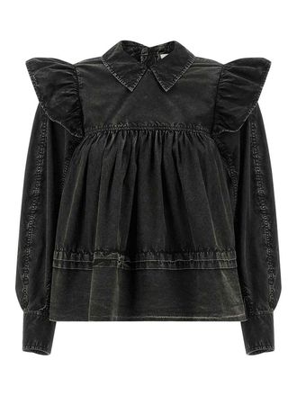 Ganni Black Washed Frill Blouse