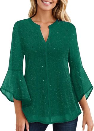 Generic Sparkly Tops For Women UK Sparkly Sequin Top Sheer Flared Ruffle 3/4 Sleeve Tunic Shirt Mesh Glitter V Neck Shirts Chiffon Flowy Pullover Trendy Blous