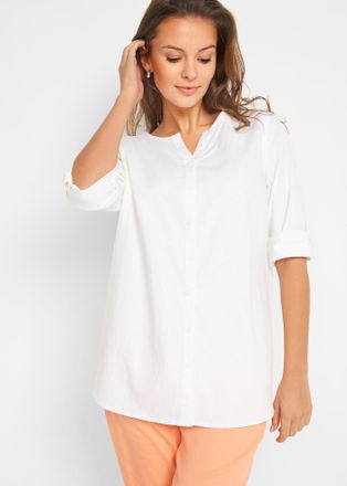 Bonprix Langarmbluse BONPRIX Bluse mit Leinen, 3/4 Arm, Damen, Gr. 38, weiss (wei&szlig;), Obermaterial: 55% Leinen, 45% Baumwolle, regular fit, Blusen Langarmbluse