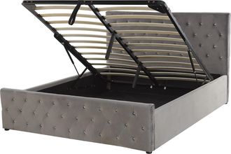 Beliani Cama Doble Tapizada En Terciopelo Gris 140 X 200 Cm Con Almacenamiento Cabecero Acolchado Amiens