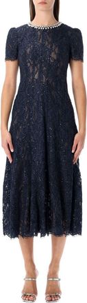 Self Portrait Navy Lace Midi Dress With Pearl And Crystal Embellished Collar