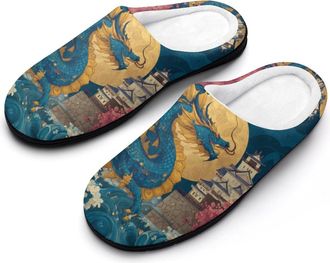 Generic Chinese Dragon Moon Funny Mens Cotton Slippers Soft Non-Slip Rubber Sole House Slipper Indoor Outdoor