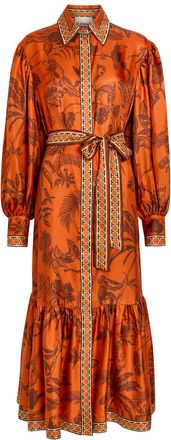 Alemais Alemais Monkey Dance Printed Silk Midi Shirt Dress - Rust - 16 (UK16 / XL)