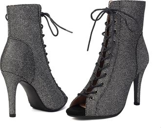 Generic Womens Lace-Up High Heel Ankle Boots, Peep Toe Dance Shoes with Side Zipper, 8-11cm Stiletto Heel (grey, 1.5, Adult, Women, 10.5, Numeric, UK Footwear