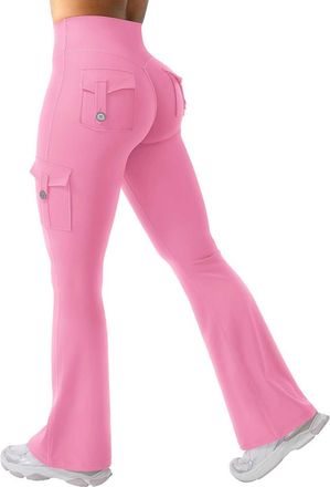 Generic Womens Flare Leggings with Pockets Scrunch Butt Sports Leggings High Waist Flared Trousers Workout Seamless Push Up Yoga Gym Pink