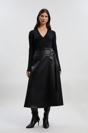 Karen Millen Womens Petite Figure Form Pu Mix Tab Detail Pleated Knit Midi Dress - Black Viscose - Size X-Small