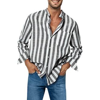 Generic Mens Casual Long Sleeve Linen Shirts Oversized British Striped Shirt Non-Iron Summer Blue Striped Casual Shirt with Chest Pocket Light Breathable Butt