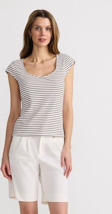 Lands End Pointelle Cap Sleeve Top in White/coriander Easy Stripe at Nordstrom, Size X-Small