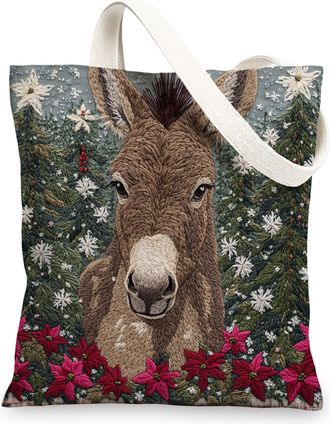 Generic Winter Merry Christmas Donkey Canvas Tote Bag for Shopping 13x15, Embroidery Xmas Forest Tree Reusable Grocery Print Bag for Women Men, Happy Holiday 