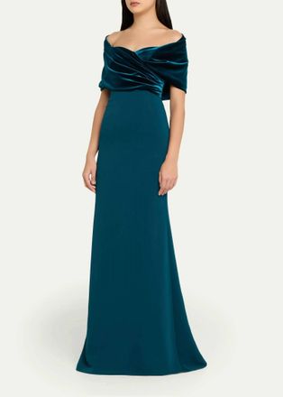 Badgley Mischka Velvet Drape Evening Gown In Teal