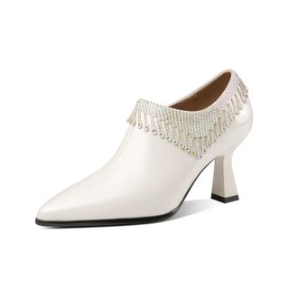 TinaCus Pointed Toe Womens Patent Leather Glitter Tassel Handmade Spool Heel Side Zip Pumps, White, 5.5