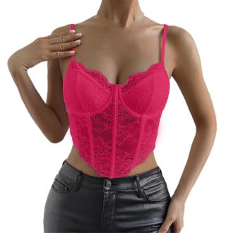 Generic Womens Sexy Floral Lace Mesh Corset Vest Spaghetti Strap Tops Going Out Crop UK Hot Pink Size XS Sale