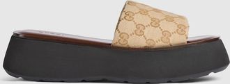 Gucci Womens Flatform Slide Sandal, Beige, GG Canvas