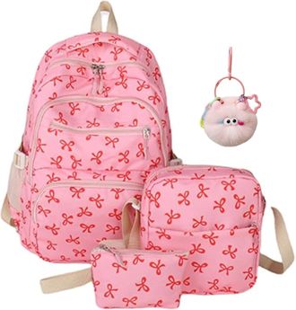 Generic Pink Bow Backpack for Women - 3PCS Set Preppy Backpack, Nylon Cute GirlsBackpack (Pink+Red)