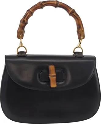 Gucci Vintage Convertible Bamboo Top Handle Leather Black Leather Handbag (Pre-Owned)