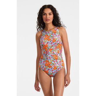Lands End Tugless High Neck Portrait Back One Piece Swimsuit in Blue Springside Floral at Nordstrom, Size 14