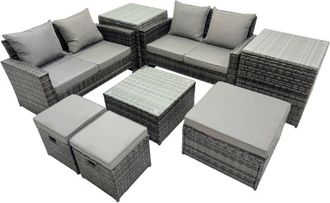 Fimous Pe Rattan Garden Furniture Set Lounge Double Seat Sofa Coffee Table Set with 2 Side Tables 3 Stools Dark Grey Mixed - Fimous
