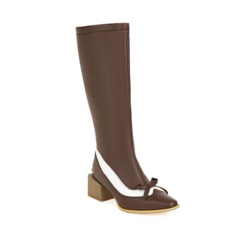Generic Womens Retro Bow Embellished Knee High Shoes Pointed Toe Block Heel Two Tone Synthetic Leather Comfortable Non Slip Durable for Daily Street Party Wea
