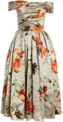 Erdem Off-The-Shoulder Floral-print Metallic Crinkled-satin Midi Dress Size XS