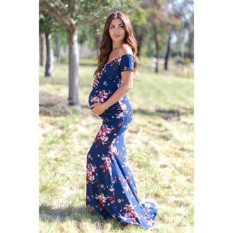 Pinkblush Floral Off Shoulder Wrap Maternity Photoshoot Gown/Dress in Navy Blue at Nordstrom, Size Medium