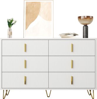 STILVORA Aparador Con 6 Cajones, Frente Ondulado, Tiradores Y Patas Doradas, Estilo Moderno, En Tablero De Part&iacute;culas, Blanco+oro, 120&times;40&times;77 Cm