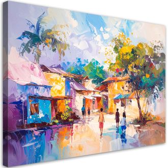 Feeby Impresi&oacute;n De Imagen, Pueblo Abstracto De Colores Casas Personas, 100x70